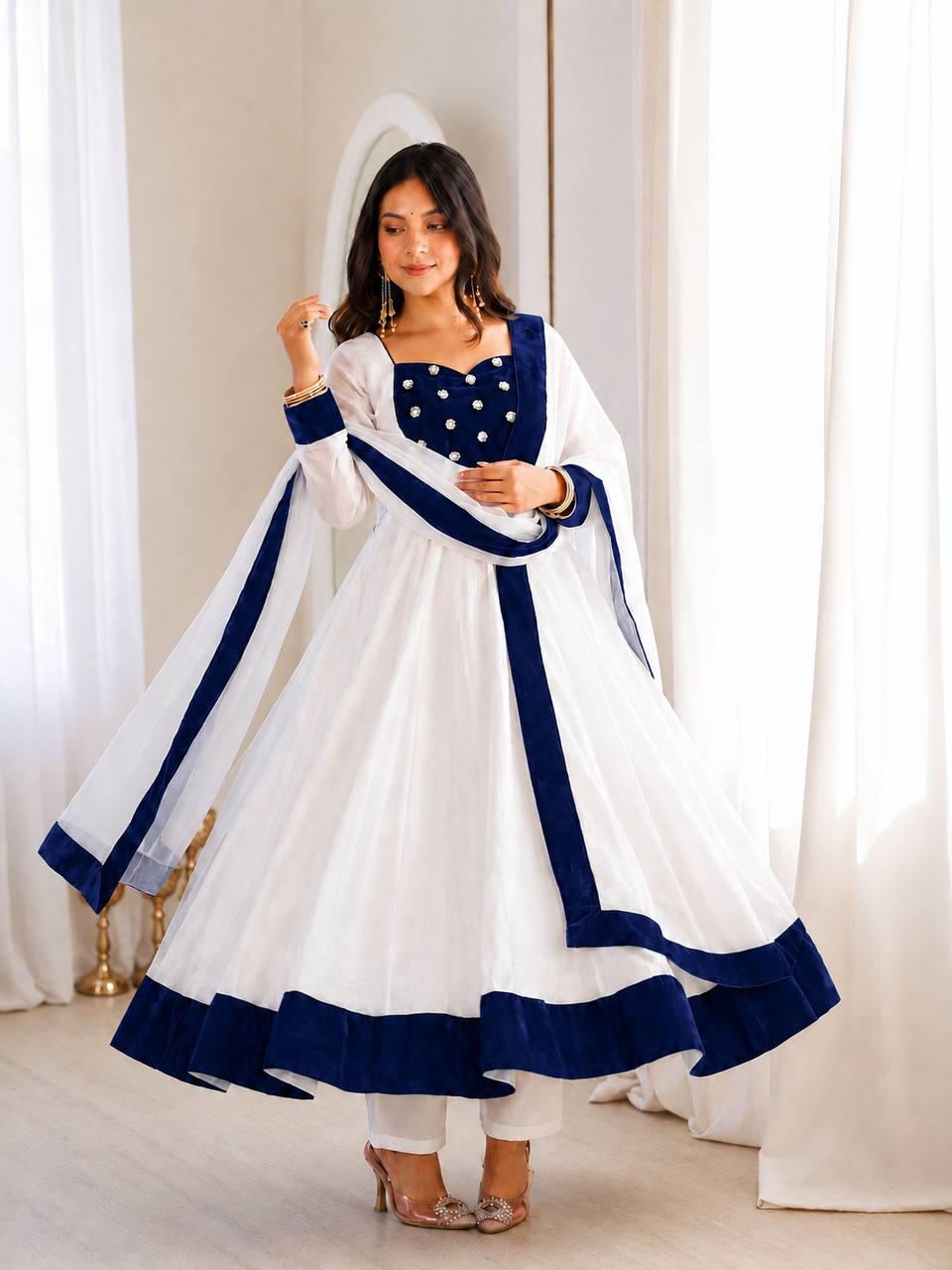 White Silk Blend Embroidered Flared Anarkali Gown Set With a Contrast Color Dupatta and Border