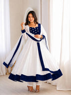 White Silk Blend Embroidered Flared Anarkali Gown Set With a Contrast Color Dupatta and Border