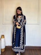 Navy Blue Satin Rayon Embroidered Oversized Long Kaftan Set