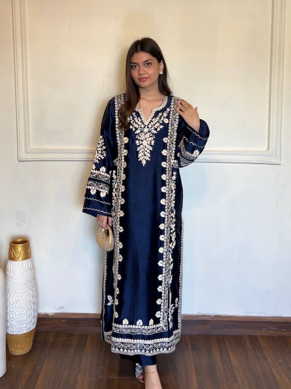 Navy Blue Satin Rayon Embroidered Oversized Long Kaftan Set