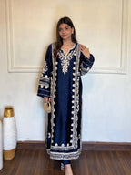 Navy Blue Satin Rayon Embroidered Oversized Long Kaftan Set