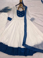 White Silk Blend Embroidered Flared Anarkali Gown Set With a Contrast Color Dupatta and Border