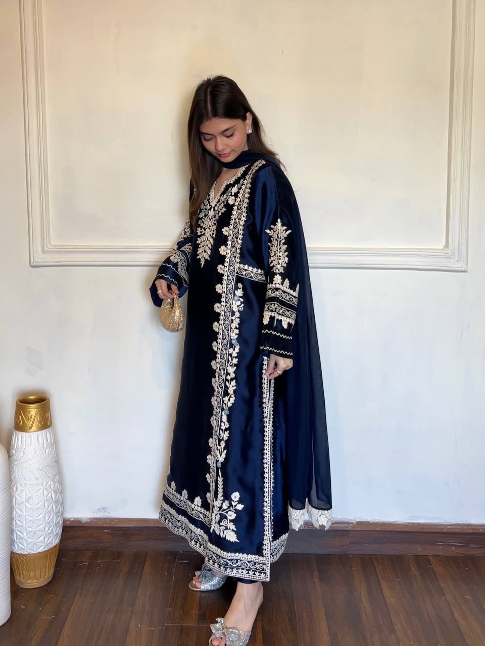 Navy Blue Satin Rayon Embroidered Oversized Long Kaftan Set