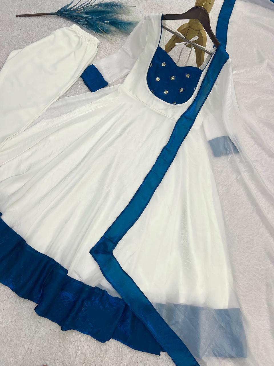 White Silk Blend Embroidered Flared Anarkali Gown Set With a Contrast Color Dupatta and Border