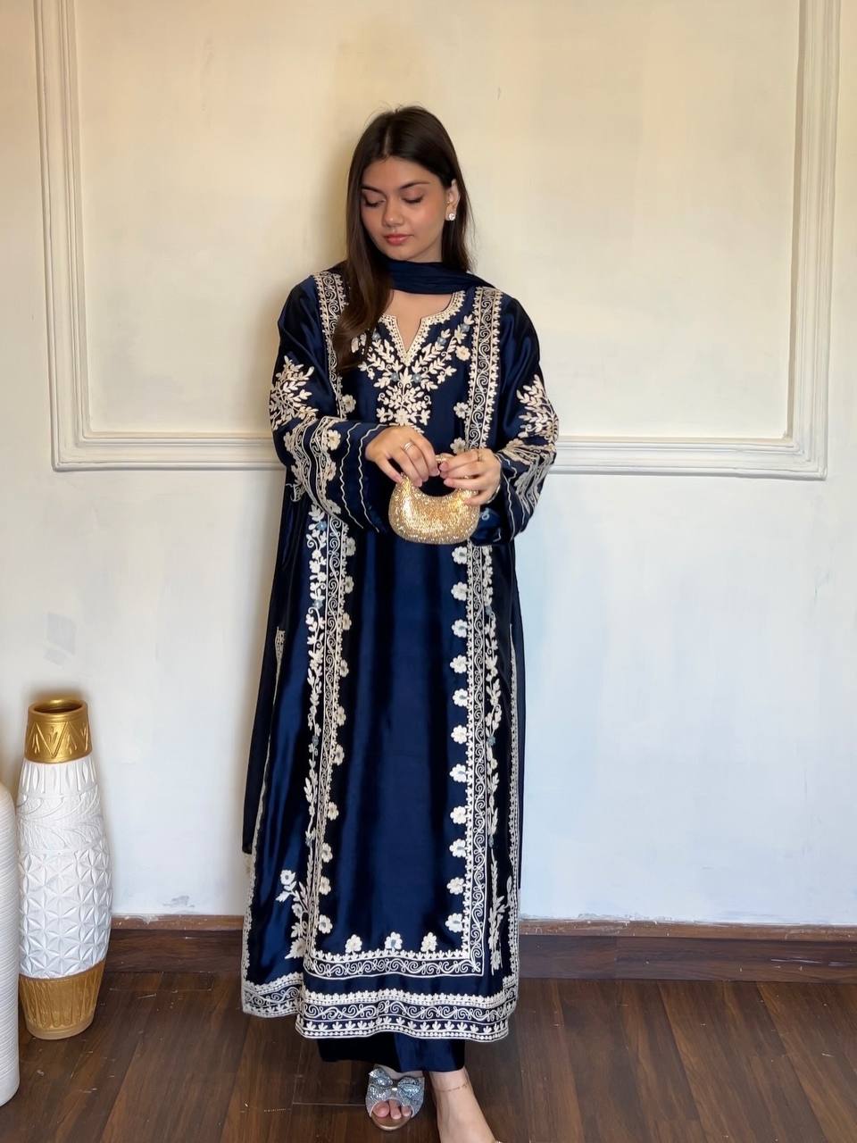 Navy Blue Satin Rayon Embroidered Oversized Long Kaftan Set