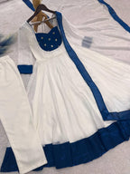 White Silk Blend Embroidered Flared Anarkali Gown Set With a Contrast Color Dupatta and Border