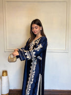 Navy Blue Satin Rayon Embroidered Oversized Long Kaftan Set