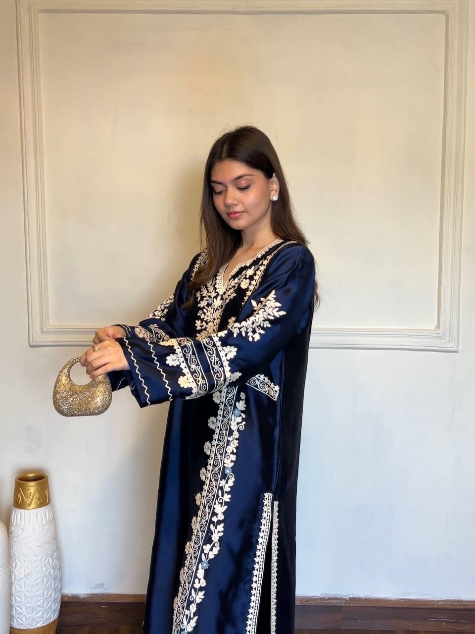 Navy Blue Satin Rayon Embroidered Oversized Long Kaftan Set