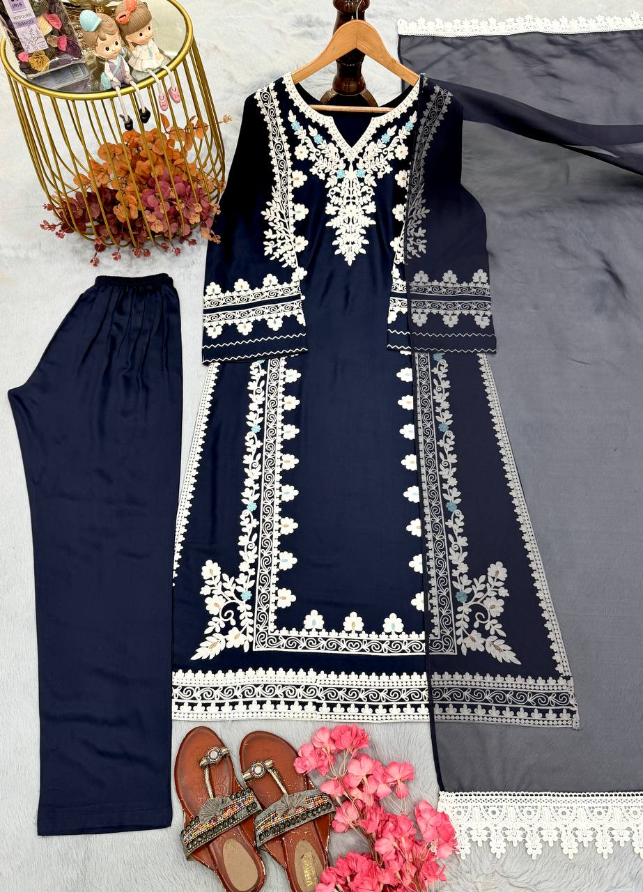Navy Blue Satin Rayon Embroidered Oversized Long Kaftan Set