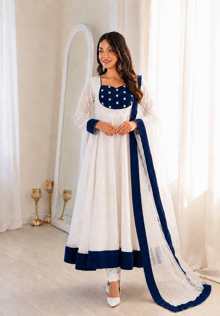 White Silk Blend Embroidered Flared Anarkali Gown Set With a Contrast Color Dupatta and Border