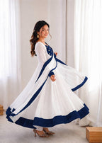 White Silk Blend Embroidered Flared Anarkali Gown Set With a Contrast Color Dupatta and Border