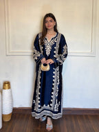 Navy Blue Satin Rayon Embroidered Oversized Long Kaftan Set