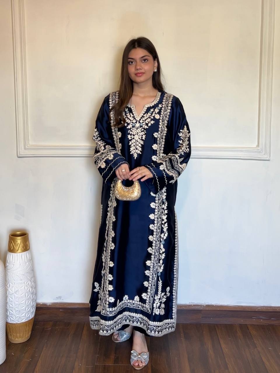 Navy Blue Satin Rayon Embroidered Oversized Long Kaftan Set