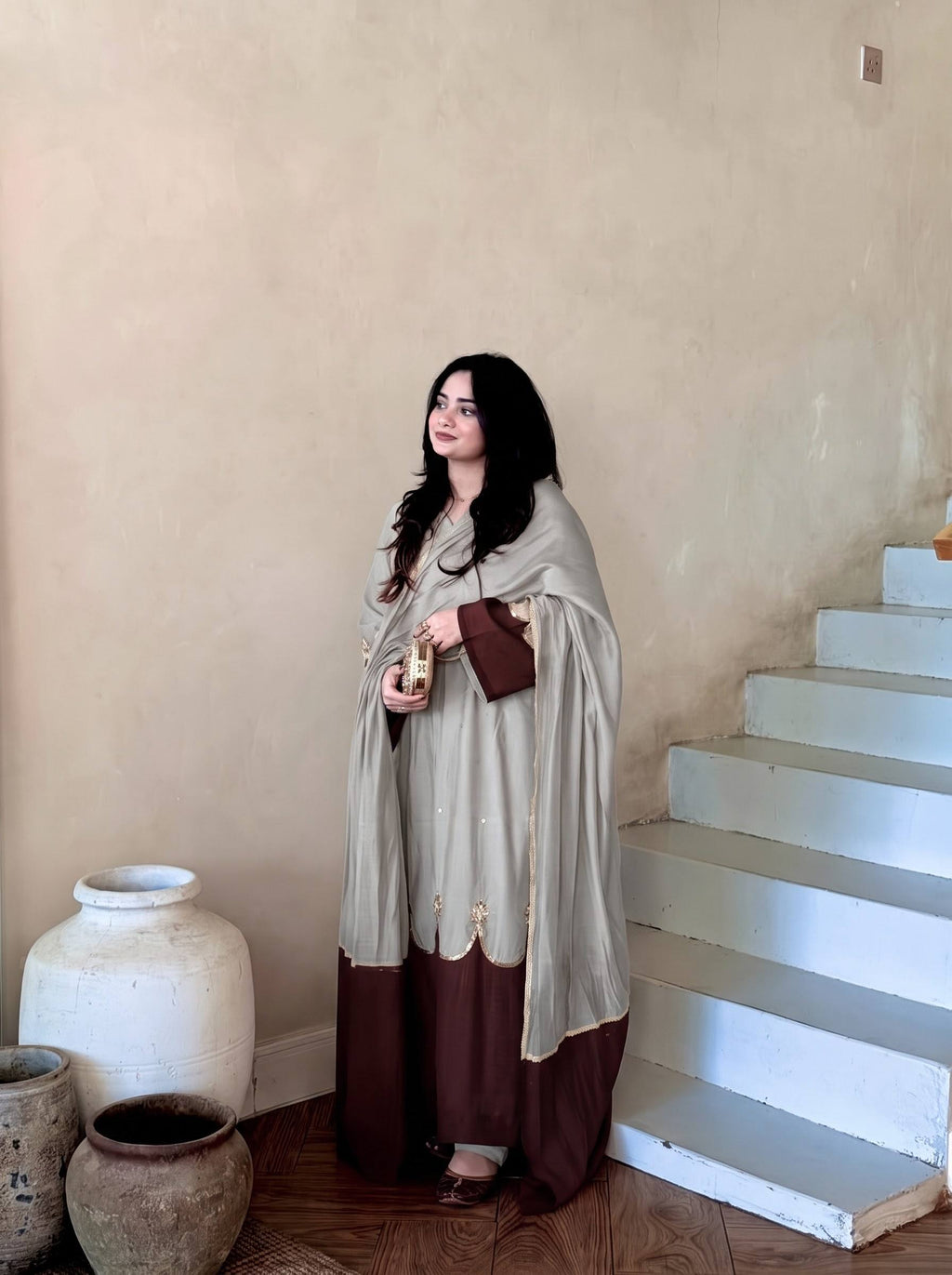 Designer Roman Silk Kaftan Style Palazzo Set with Dupatta – Two Tone Embroidered Party Wear