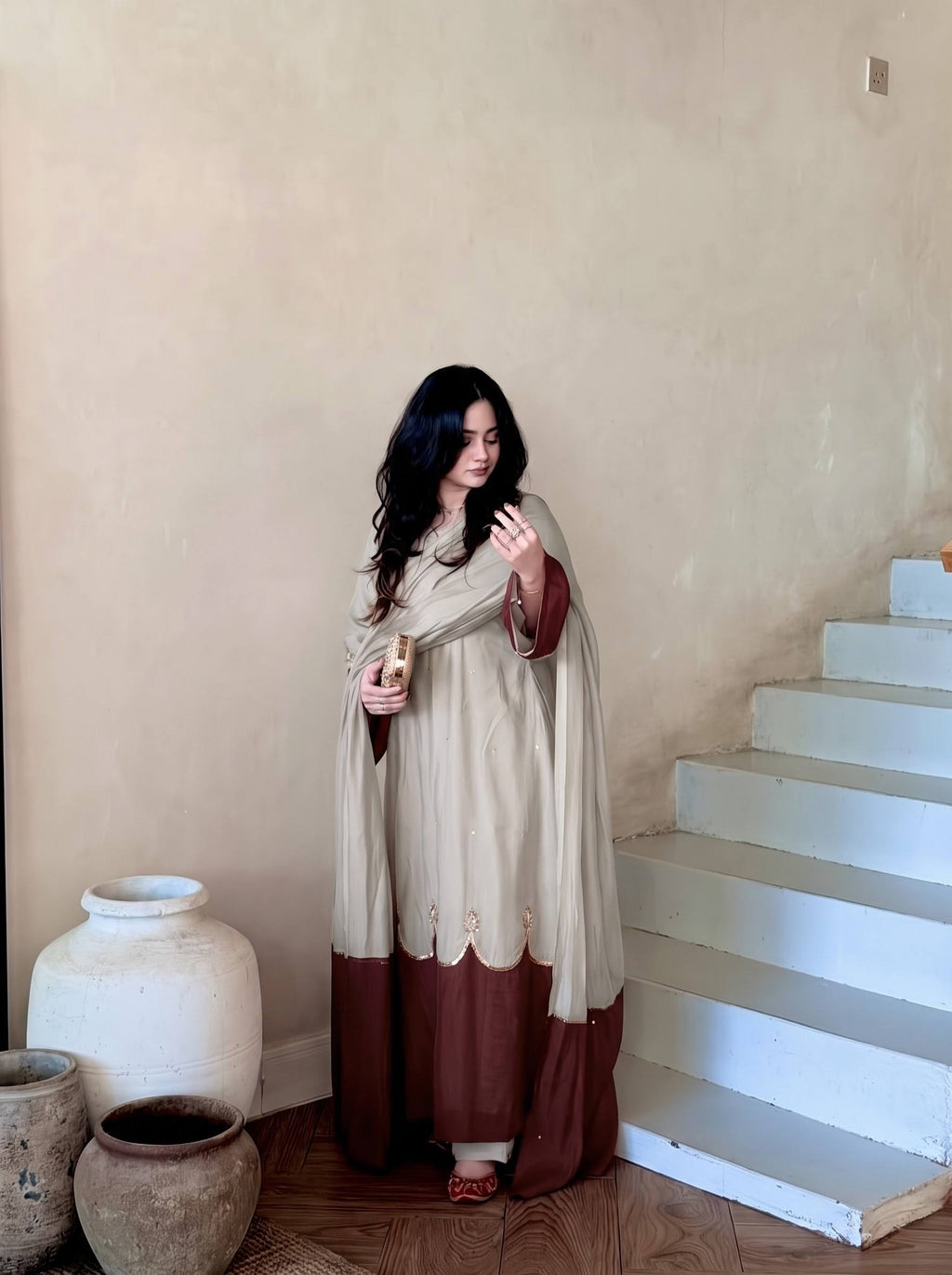 Designer Roman Silk Kaftan Style Palazzo Set with Dupatta – Two Tone Embroidered Party Wear
