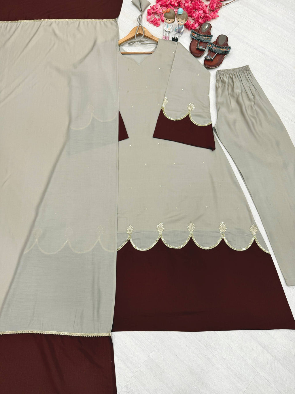 Designer Roman Silk Kaftan Style Palazzo Set with Dupatta – Two Tone Embroidered Party Wear