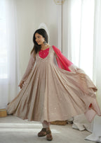 Beige Roman Silk Flared Anarkali Suit Set with Pink Dupatta