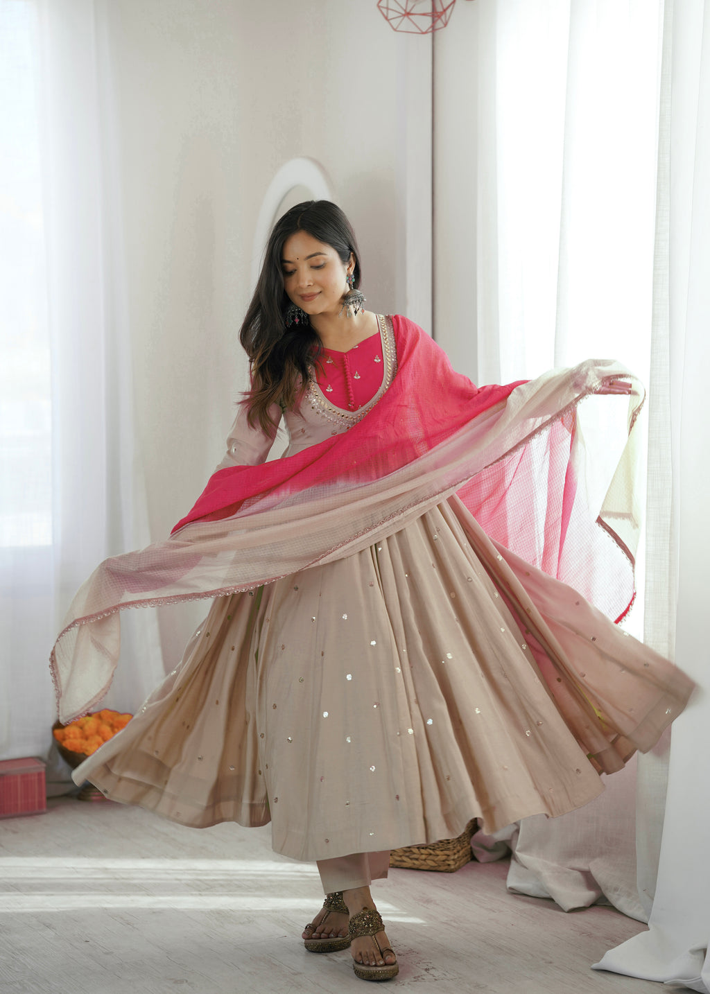 Beige Roman Silk Flared Anarkali Suit Set with Pink Dupatta