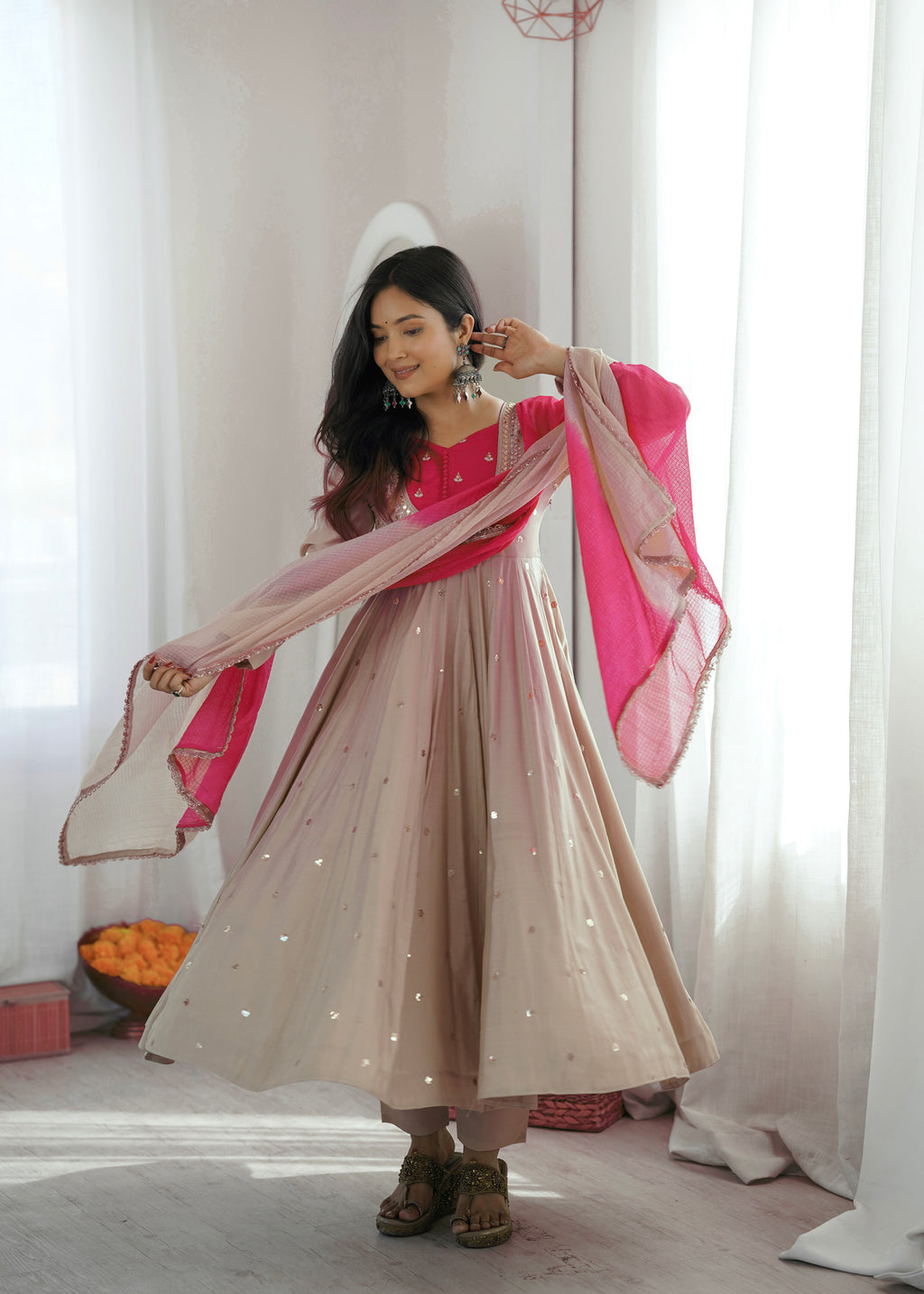Beige Roman Silk Flared Anarkali Suit Set with Pink Dupatta