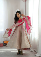 Beige Roman Silk Flared Anarkali Suit Set with Pink Dupatta
