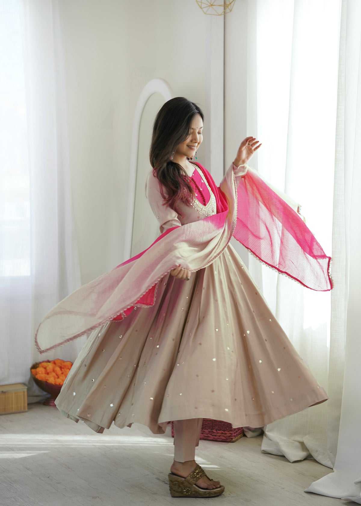 Beige Roman Silk Flared Anarkali Suit Set with Pink Dupatta