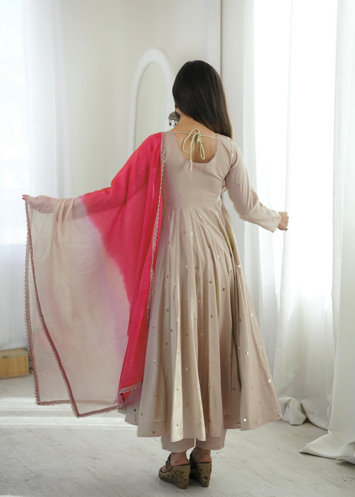 Beige Roman Silk Flared Anarkali Suit Set with Pink Dupatta