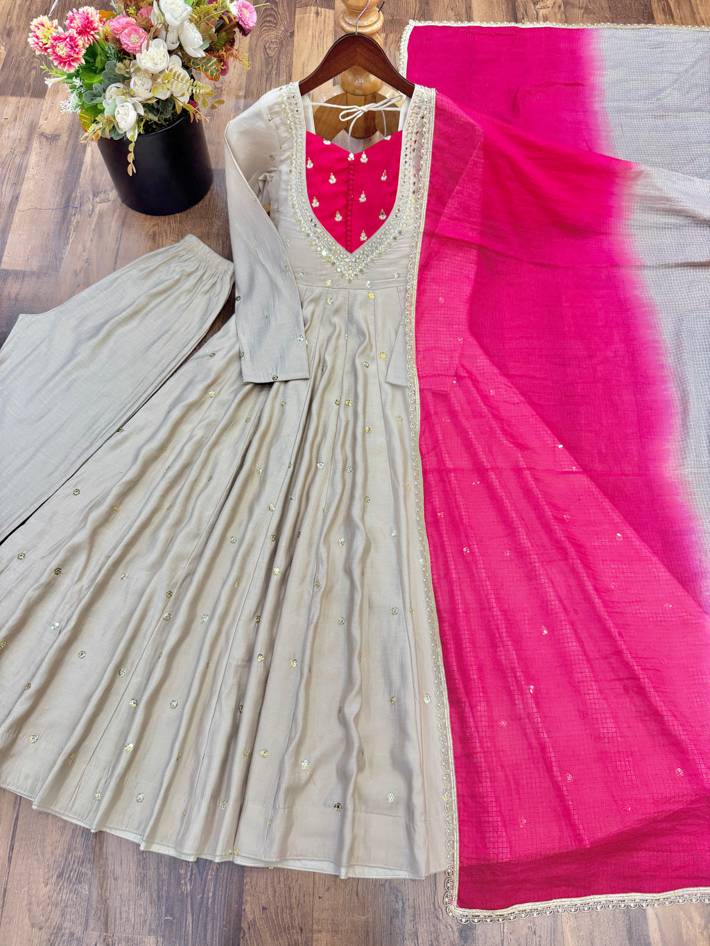 Beige Roman Silk Flared Anarkali Suit Set with Pink Dupatta