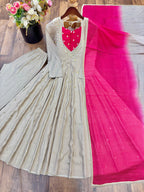 Beige Roman Silk Flared Anarkali Suit Set with Pink Dupatta