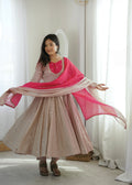 Beige Roman Silk Flared Anarkali Suit Set with Pink Dupatta