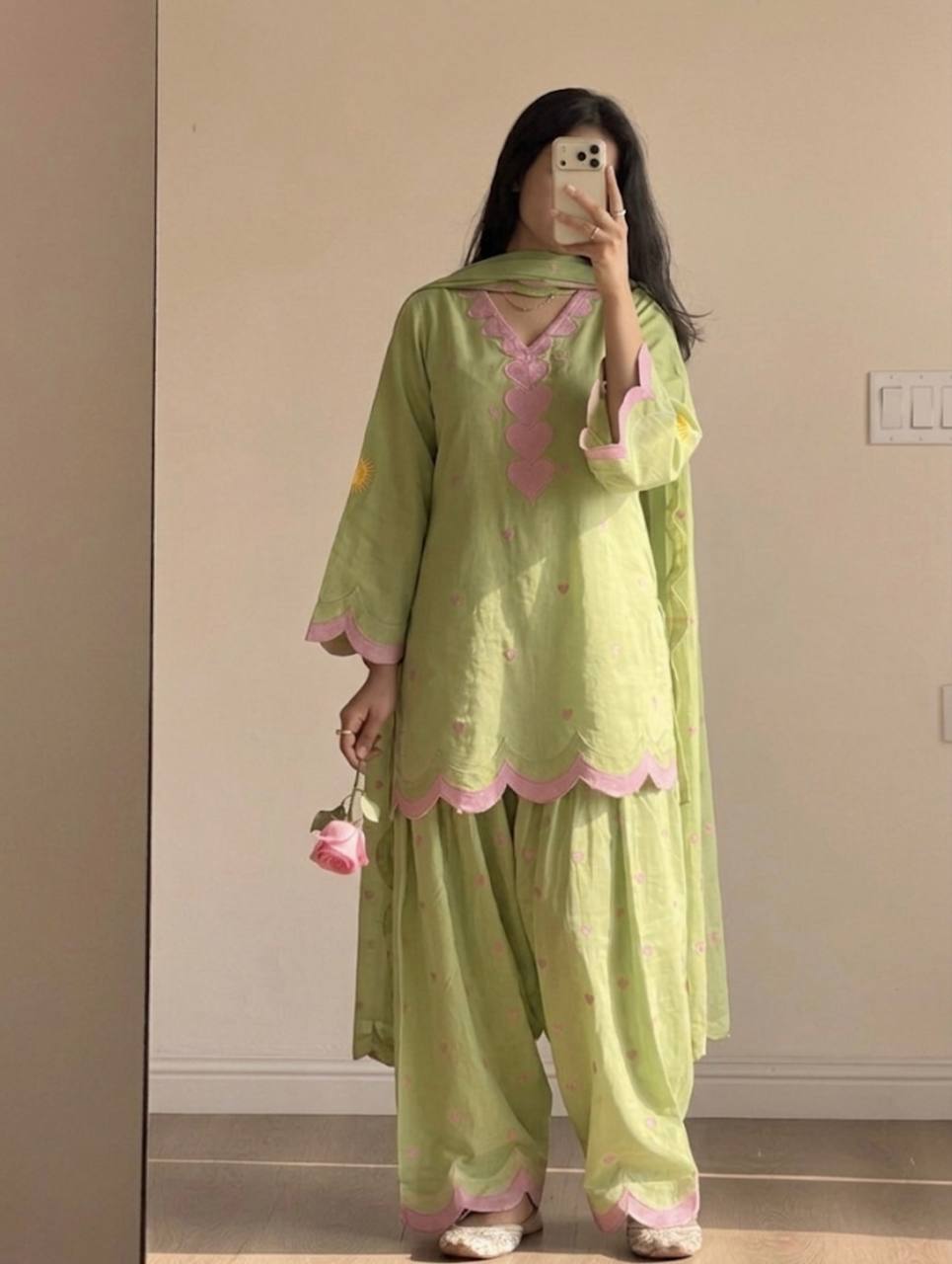 Pastel Green Chanderi Cotton Stitched Suit with Scallop Work