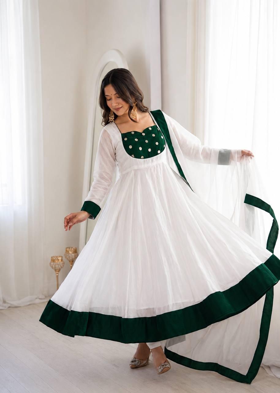 White Silk Blend Embroidered Flared Anarkali Gown Set With a Contrast Color Dupatta and Border