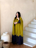 Olive Green Roman Silk Embroidered Kaftan Gown Set with Palazzo and Dupatta