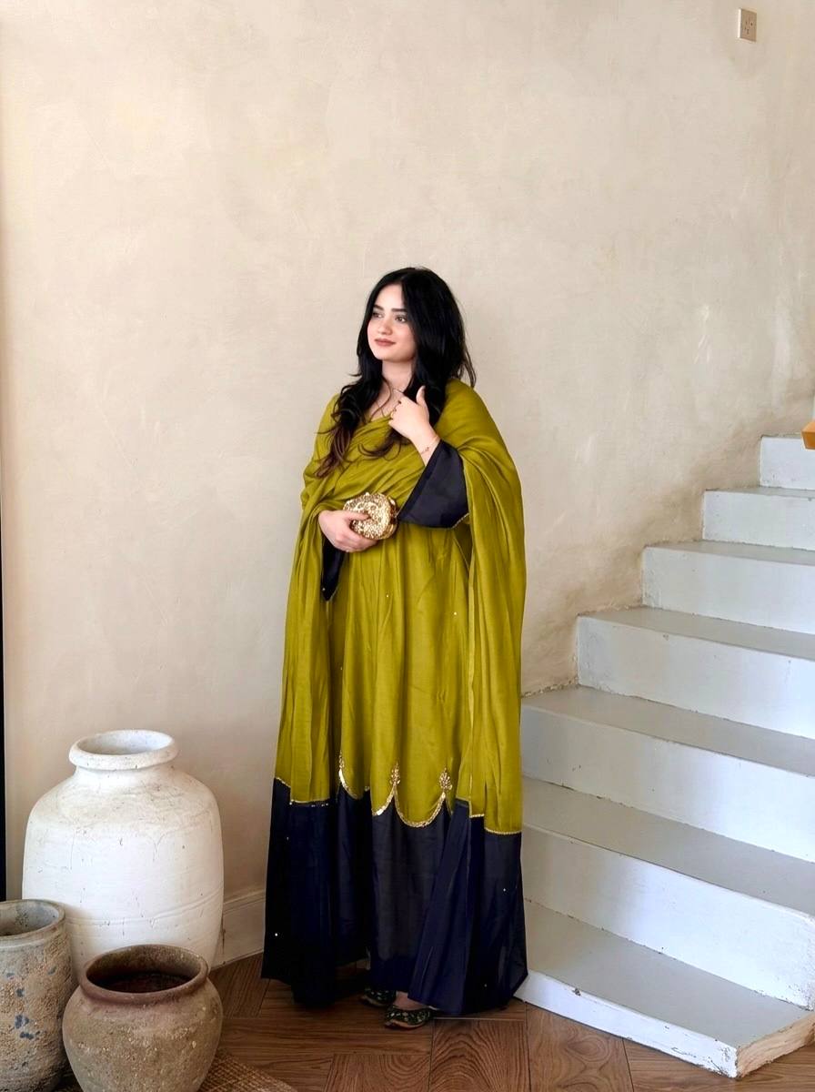 Olive Green Roman Silk Embroidered Kaftan Gown Set with Palazzo and Dupatta