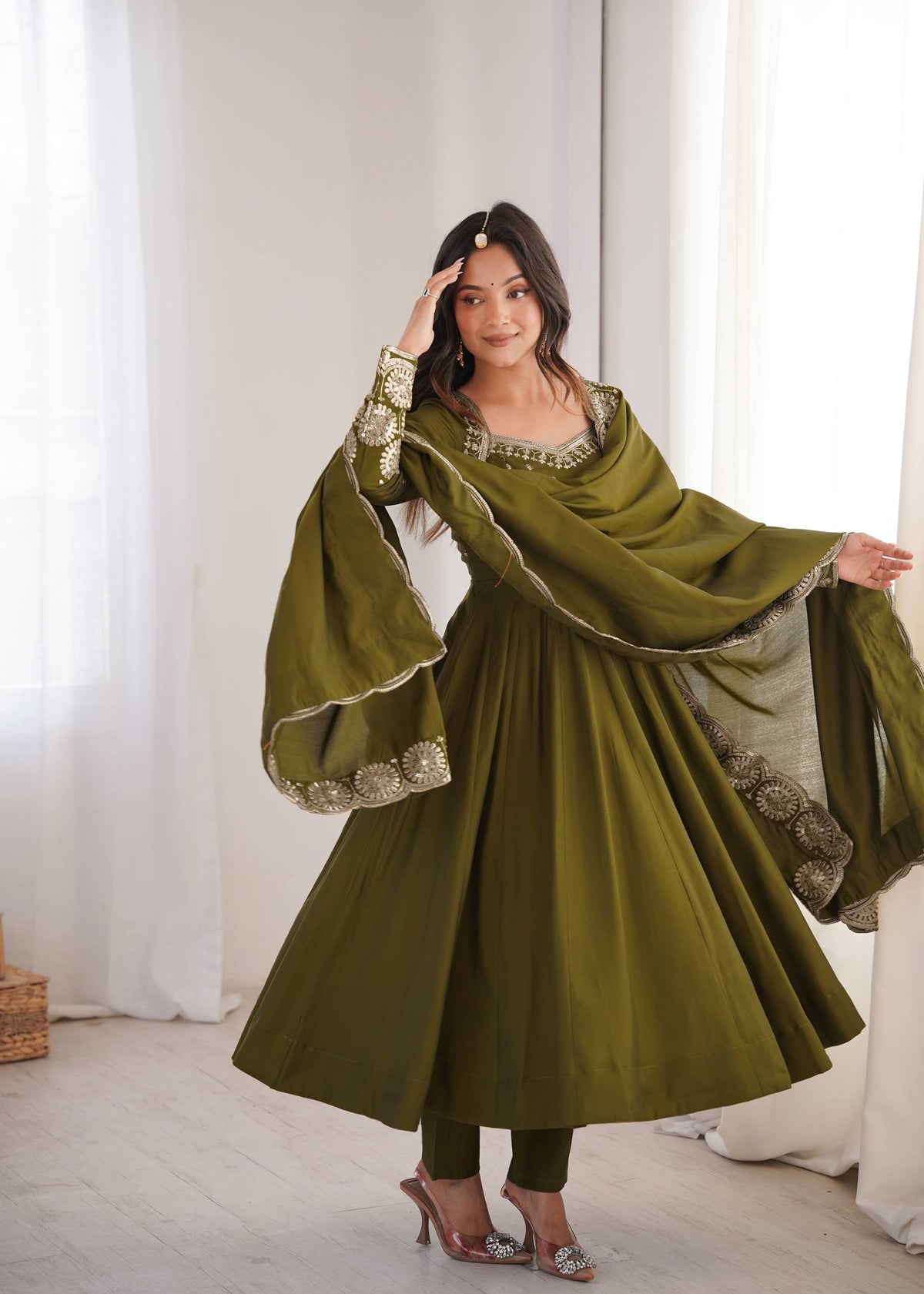 Olive Mehendi Green Roman Silk Embroidered Anarkali Suit Set with Dupatta