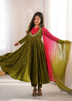 Olive Green Full Flared Mirror Work Anarkali Three-Piece Set