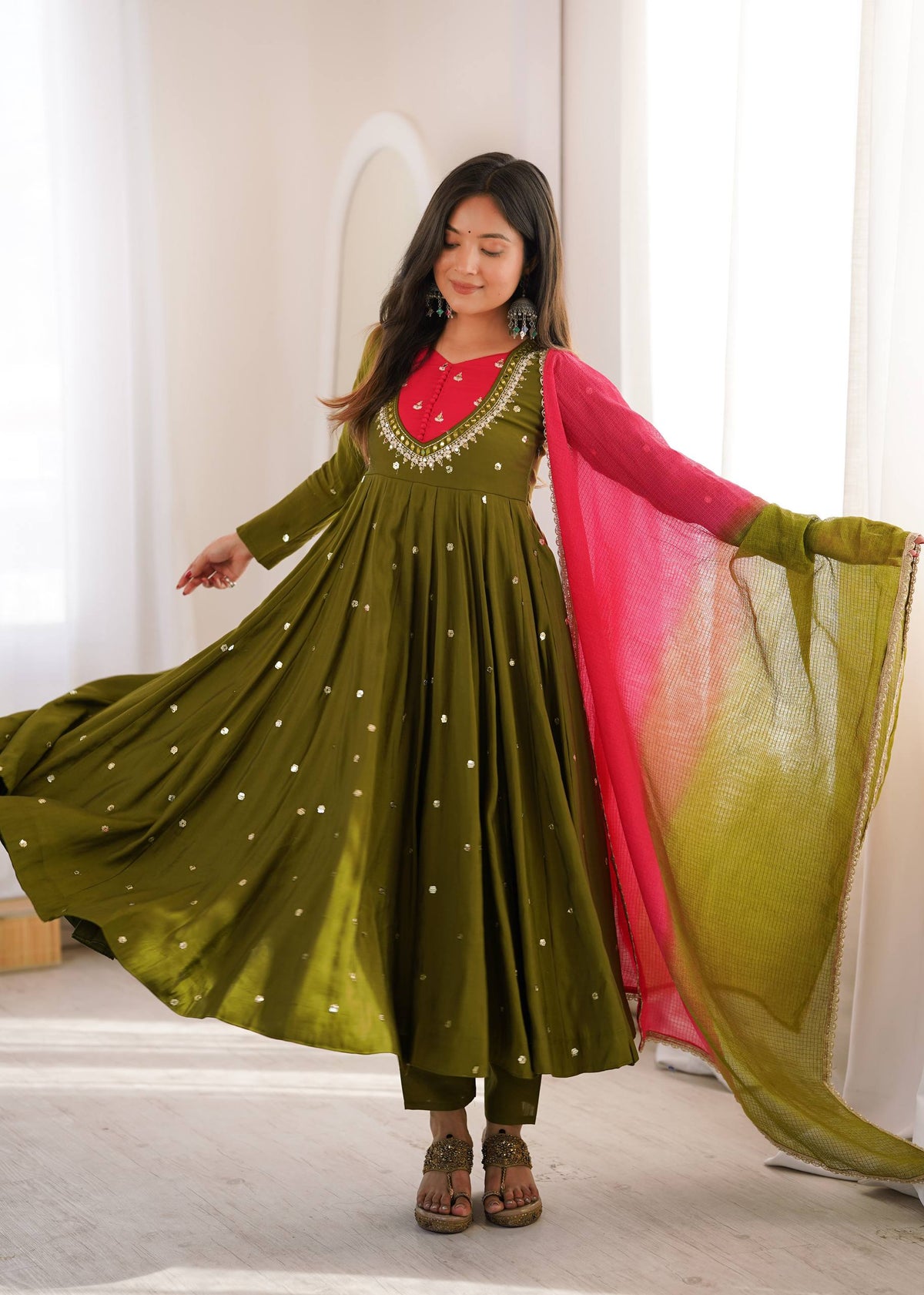 Olive Green Full Flared Mirror Work Anarkali Three-Piece Set