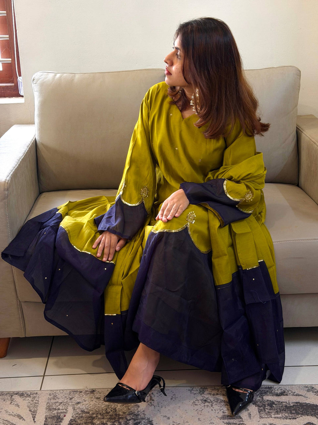 Olive Green Roman Silk Embroidered Kaftan Gown Set with Palazzo and Dupatta