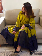 Olive Green Roman Silk Embroidered Kaftan Gown Set with Palazzo and Dupatta