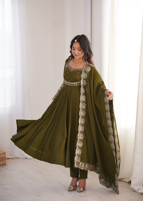 Olive Mehendi Green Roman Silk Embroidered Anarkali Suit Set with Dupatta