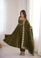 Olive Mehendi Green Roman Silk Embroidered Anarkali Suit Set with Dupatta