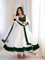 White Silk Blend Embroidered Flared Anarkali Gown Set With a Contrast Color Dupatta and Border