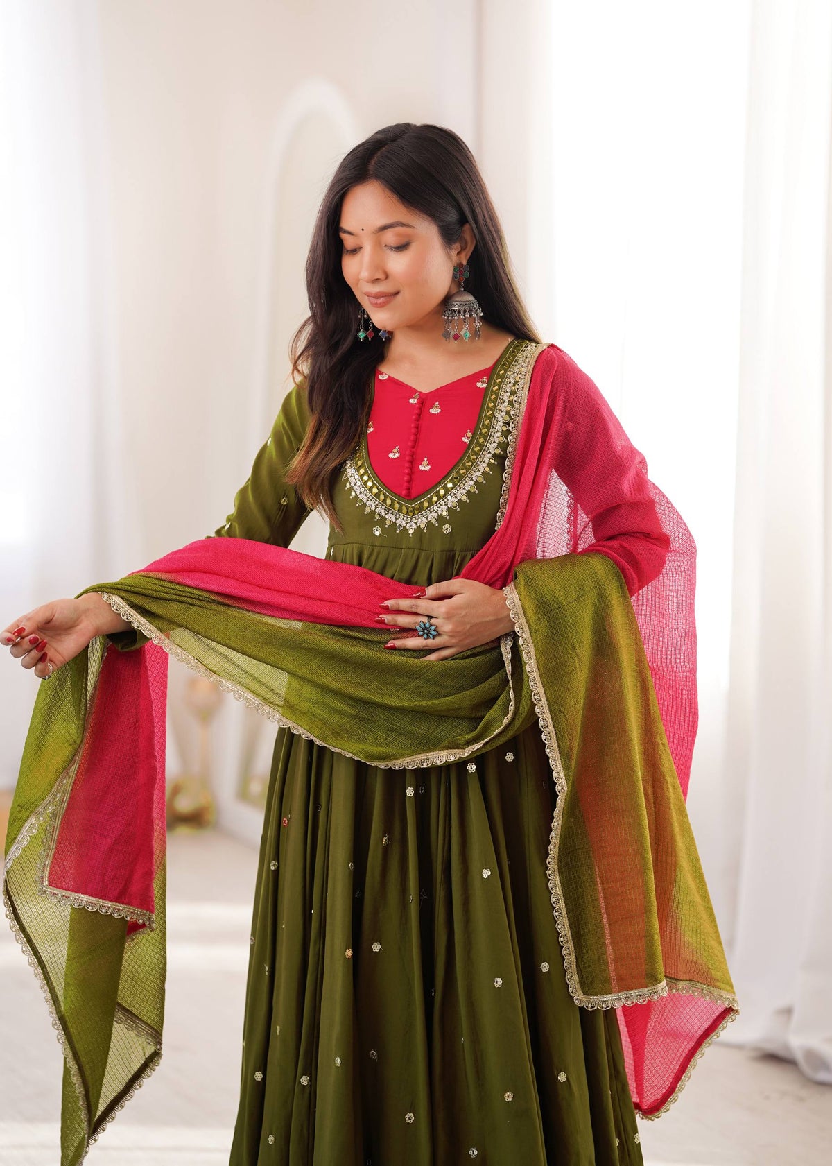 Olive Green Full Flared Mirror Work Anarkali Three-Piece Set
