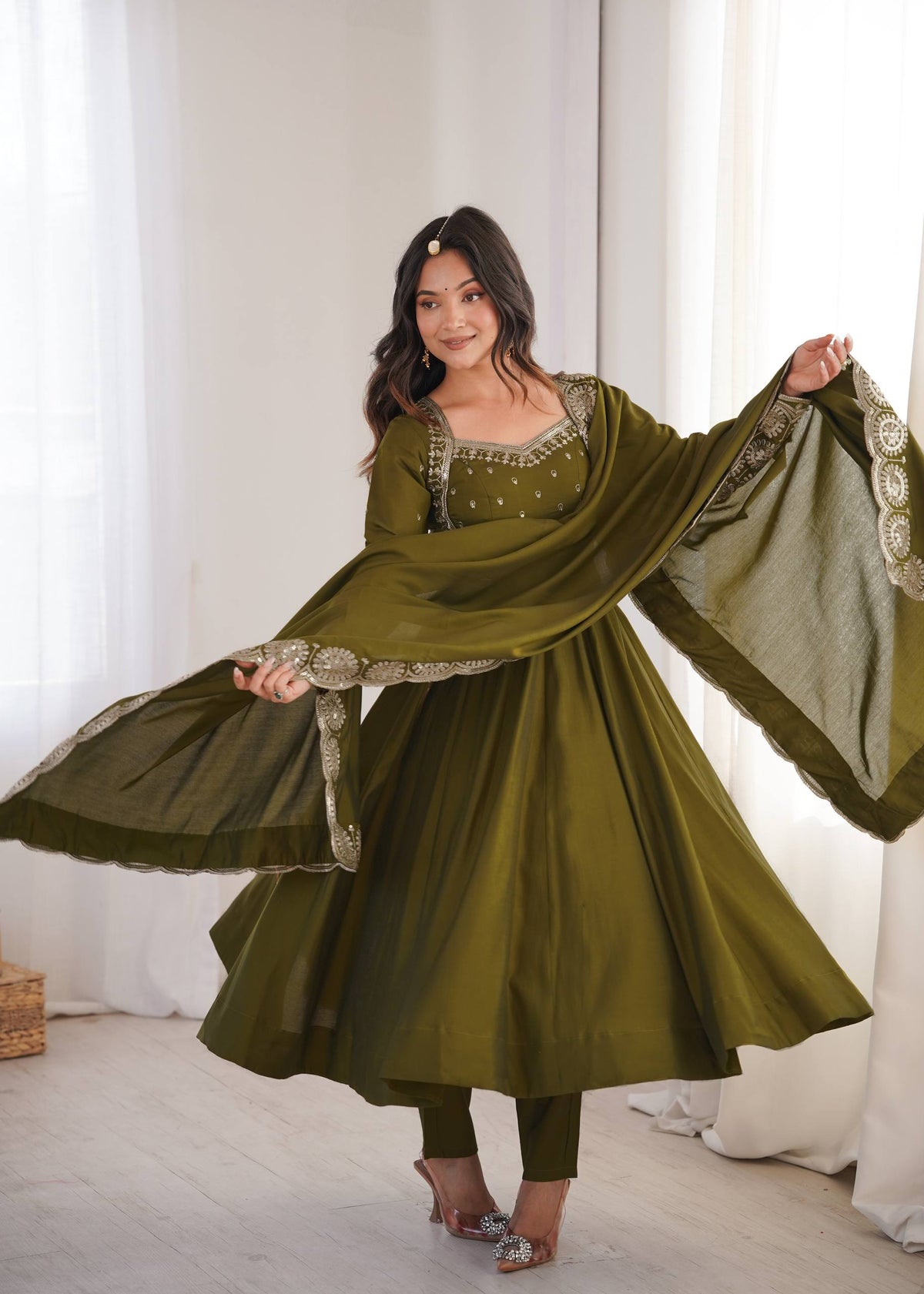 Olive Mehendi Green Roman Silk Embroidered Anarkali Suit Set with Dupatta