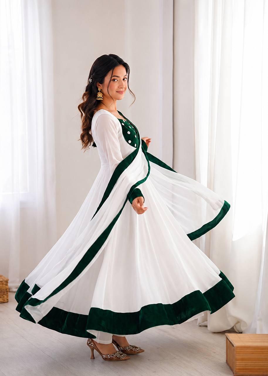 White Silk Blend Embroidered Flared Anarkali Gown Set With a Contrast Color Dupatta and Border