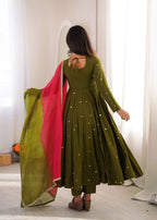 Olive Green Full Flared Mirror Work Anarkali Three-Piece Set