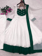 White Silk Blend Embroidered Flared Anarkali Gown Set With a Contrast Color Dupatta and Border