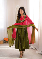 Olive Green Full Flared Mirror Work Anarkali Three-Piece Set