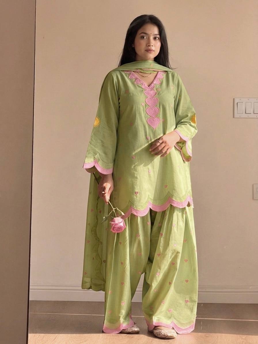 Pastel Green Chanderi Cotton Stitched Suit with Scallop Work