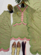 Pastel Green Chanderi Cotton Stitched Suit with Scallop Work