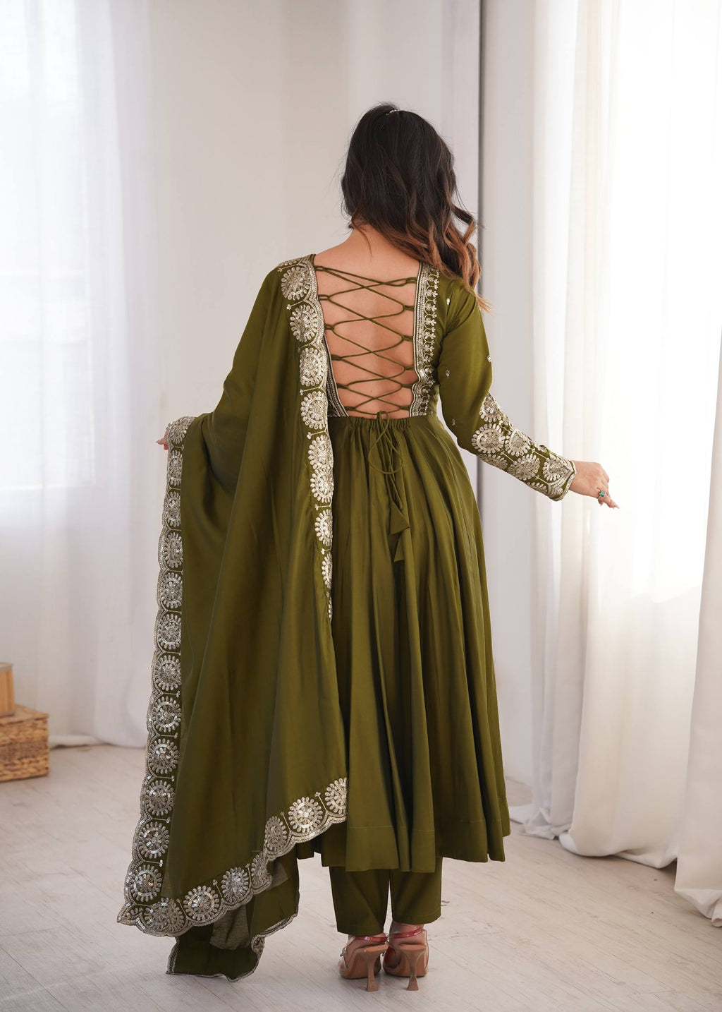 Olive Mehendi Green Roman Silk Embroidered Anarkali Suit Set with Dupatta